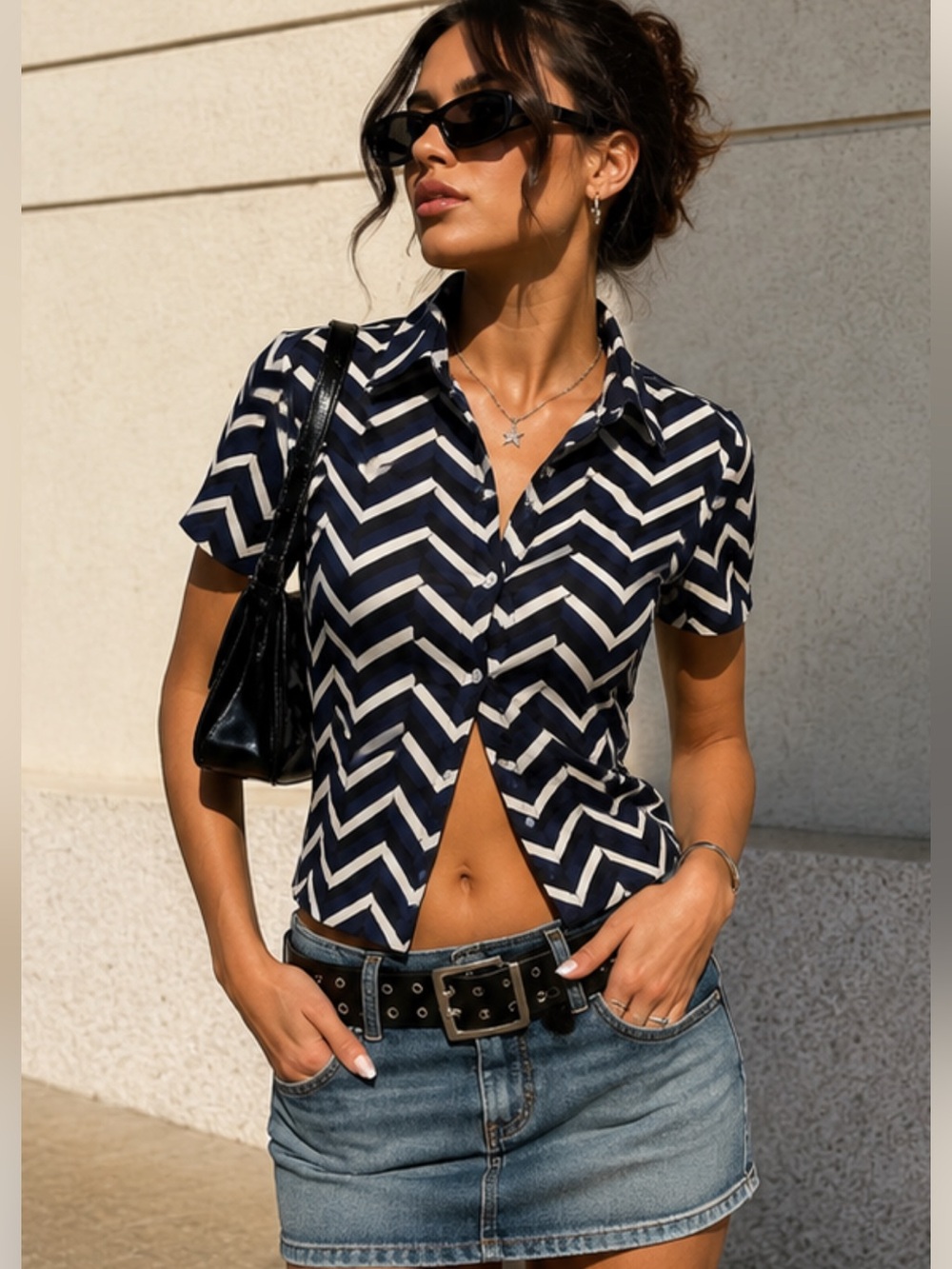 Vintage Blue Black White Chevron Button Front Blouse Size M Retro Y2K